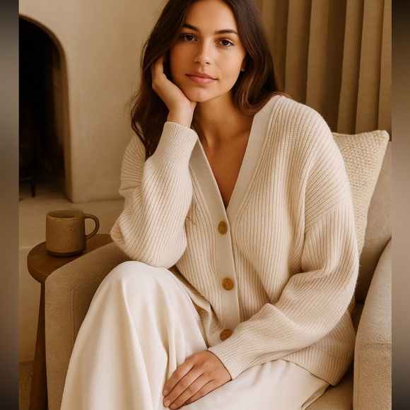 Jenni Kayne Oversized White V-Neck Button Cardigan Sweater XL Organic Cotton - Picture 1 of 5